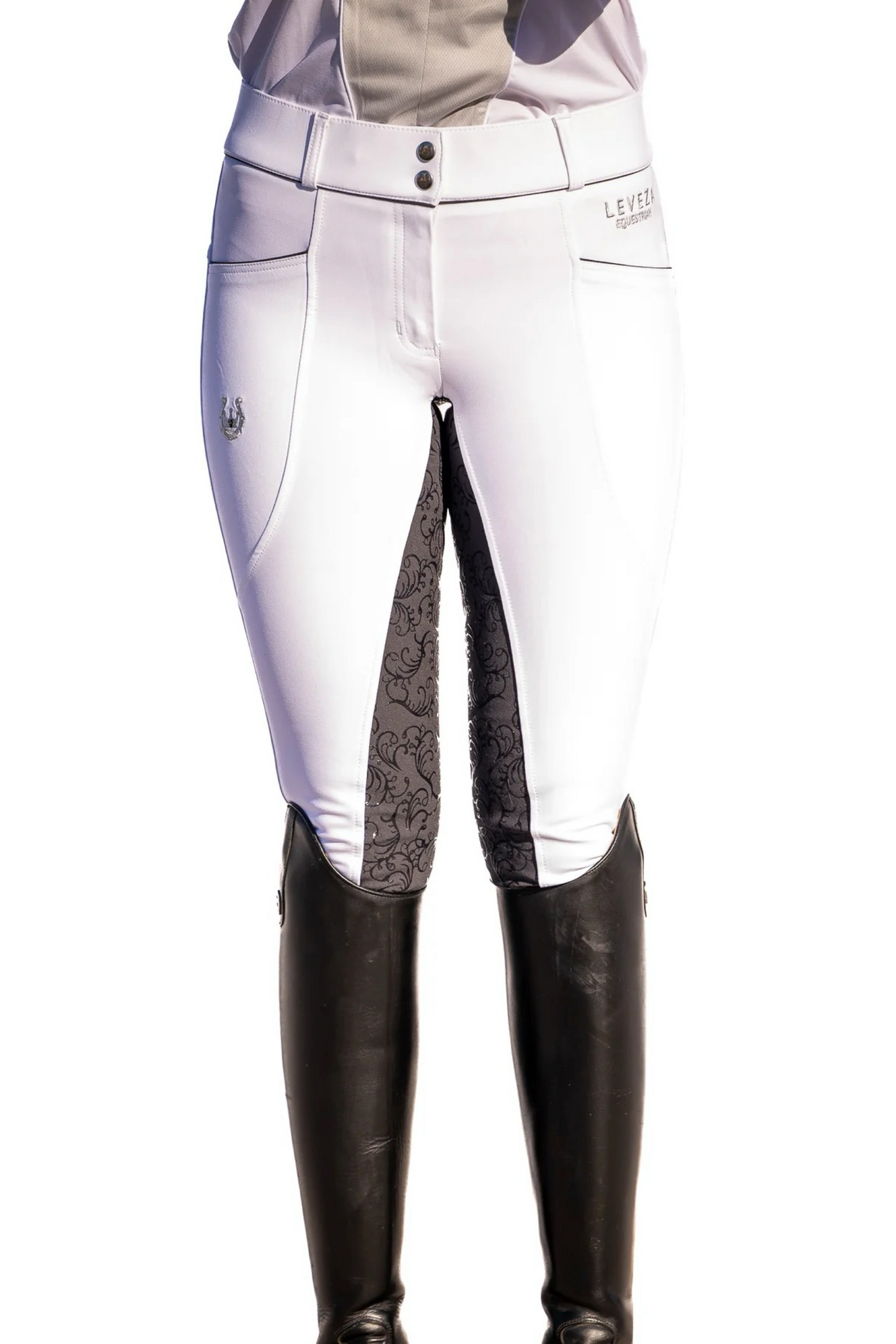 Pantalon équitation blanc de compétition avec fond de peau grip noir femme Leveza Florence