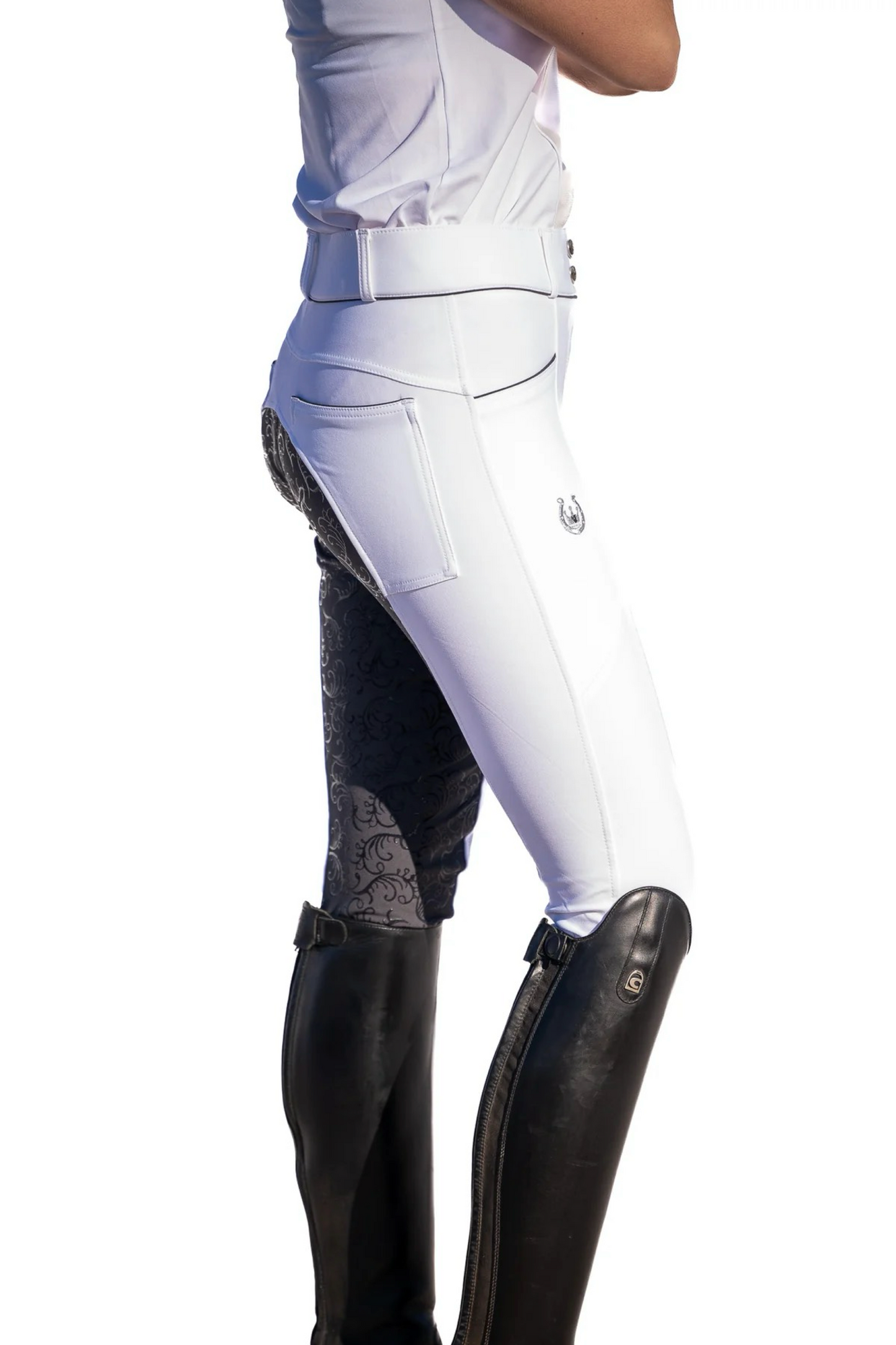 Pantalon équitation blanc de compétition avec fond de peau grip noir femme Leveza Florence