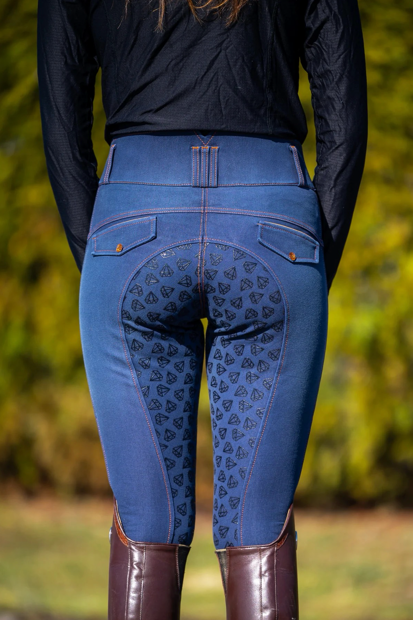 Pantalon équitation denim femme Leveza Dalhousie jean coutures oranges