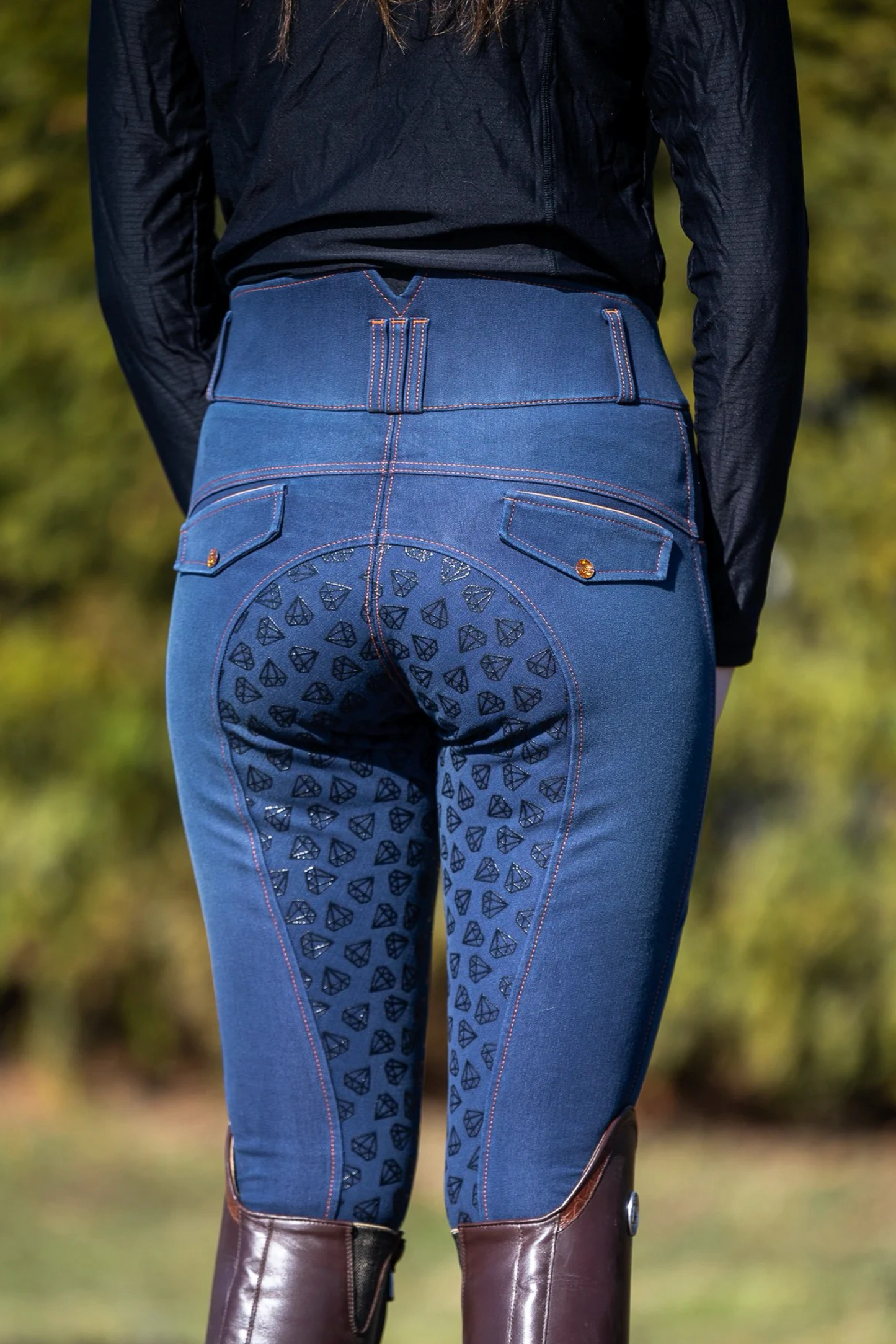 Pantalon équitation denim femme Leveza Dalhousie jean coutures oranges