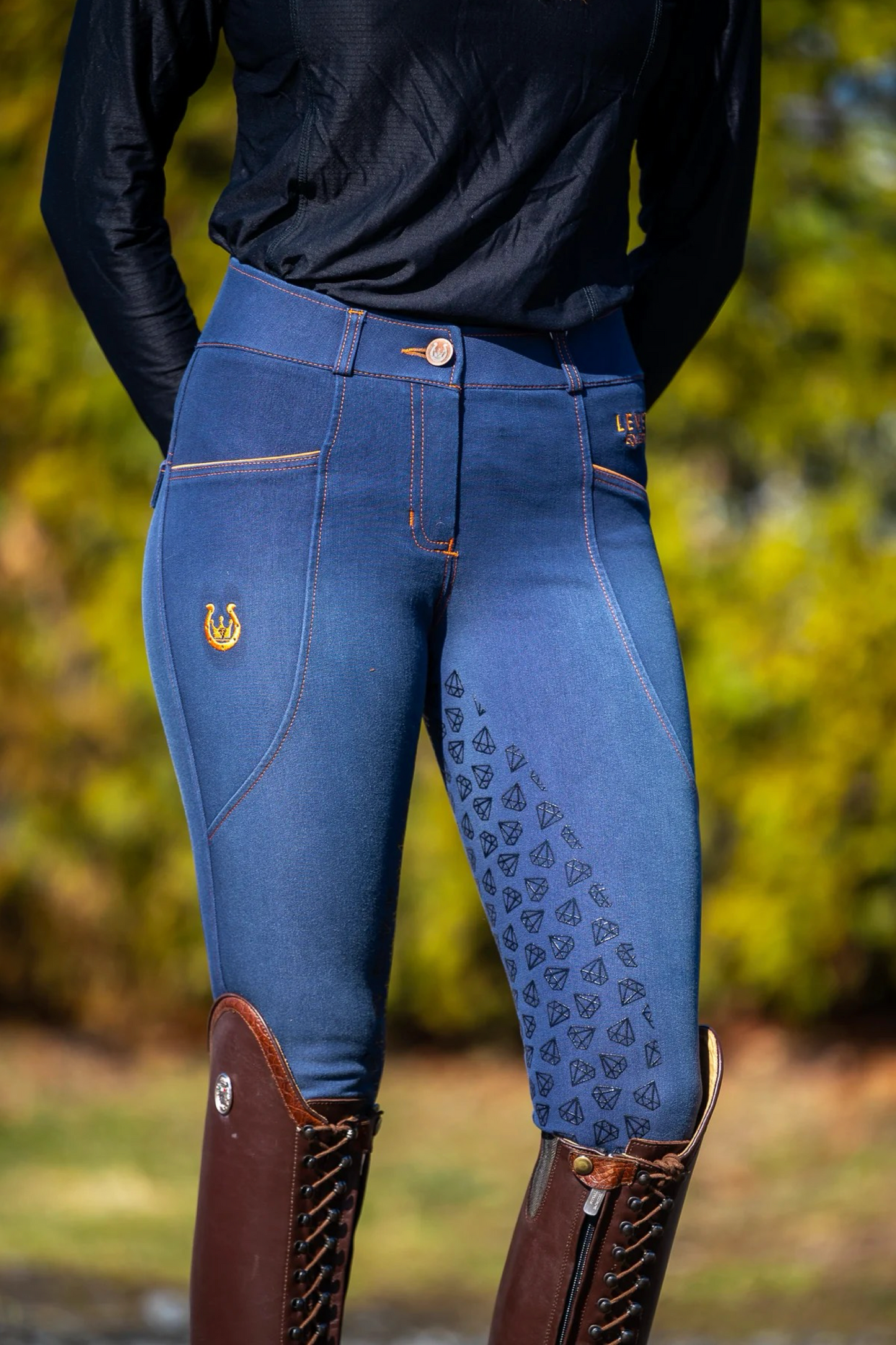 Pantalon équitation denim femme Leveza Dalhousie jean coutures oranges