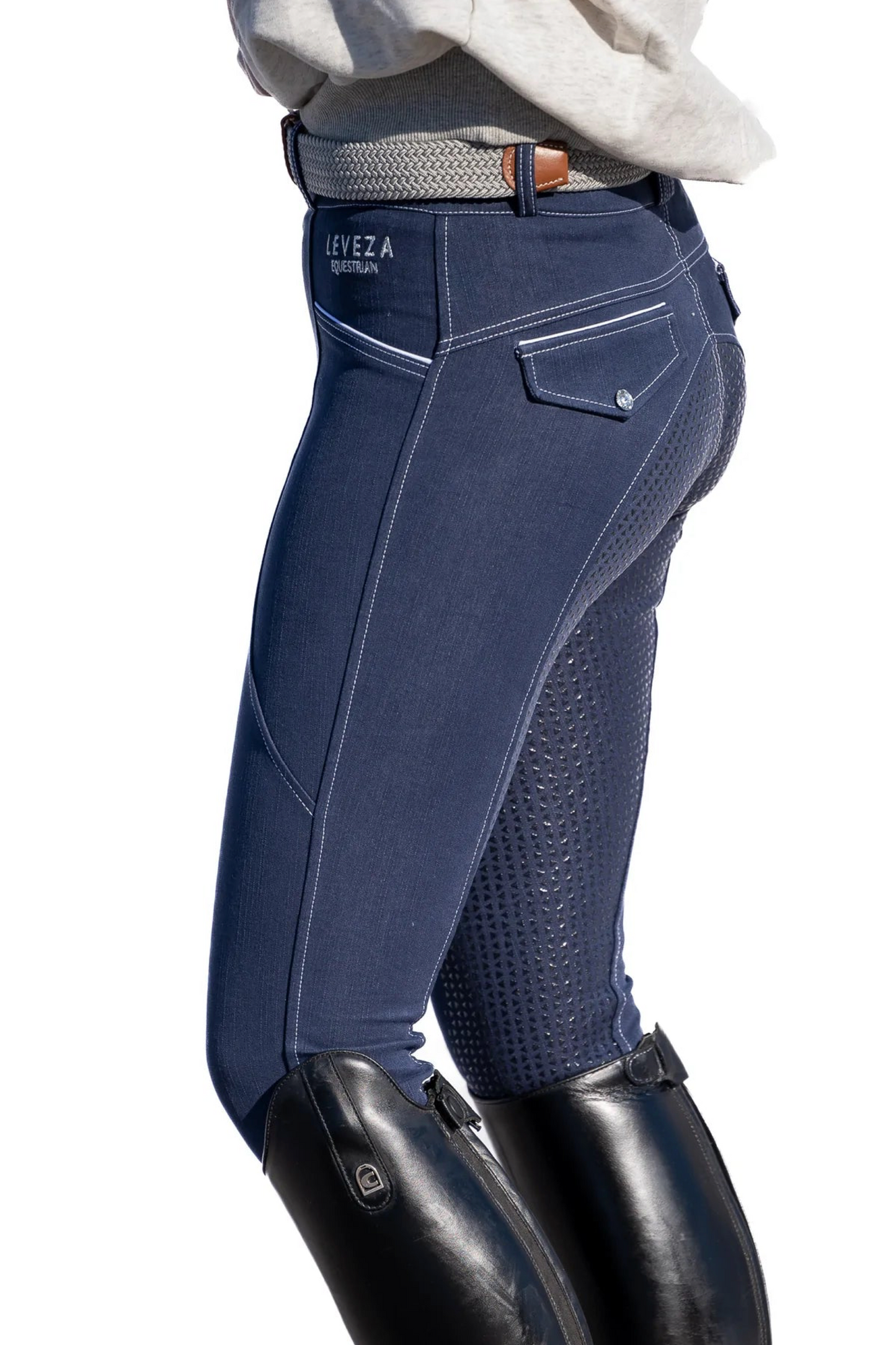 Pantalon équitation denim femme Leveza Dalhousie jean coutures blanches